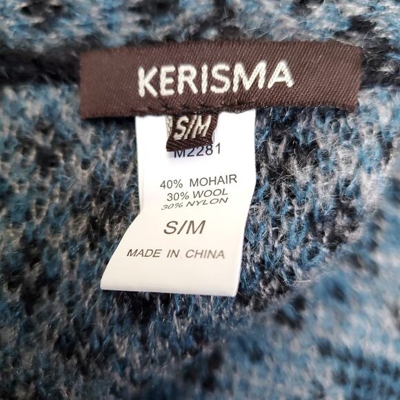 Kerisma Red Blue Fair Isle Open Front Cardigan Sweater Wool Mohair Pockets S / M - Picture 12 of 12